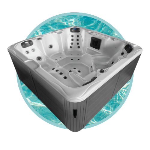 Jacuzzi carré moderne avec jets d'hydromassage, fond graphique bleu évoquant l'eau.