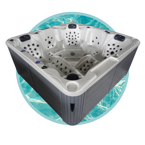 Jacuzzi carré moderne avec sièges et jets, situé dans un cadre aquatique stylisé.